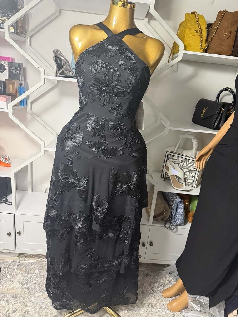 Black Textured Dress - Black Column Dress - Ruffled Hem Dress - ,